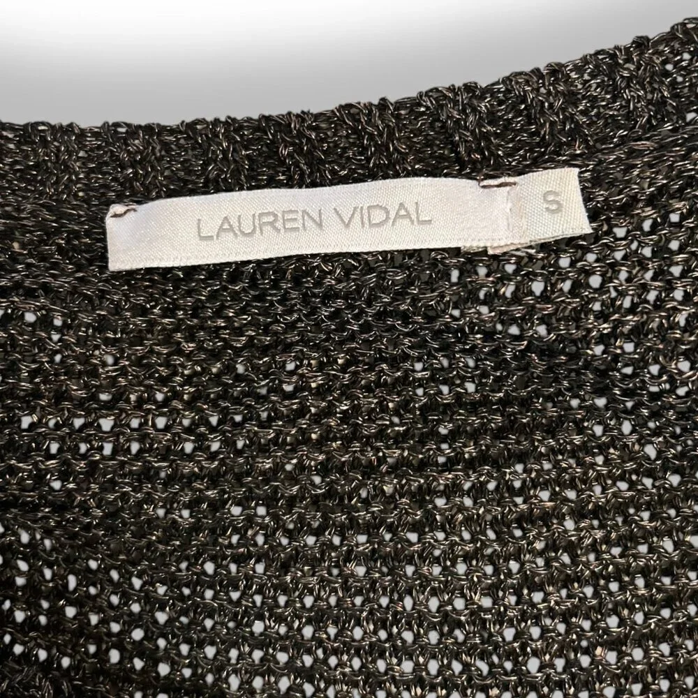 Lauren Vidal Shimmer 3/4 Sleeve Knit Sweater Black Brown Scoop Neck Size S